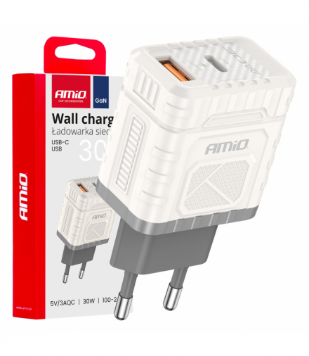 Ładowarka sieciowa Quick Charge GaN 30W USB-A + USB-C AMiO 04286