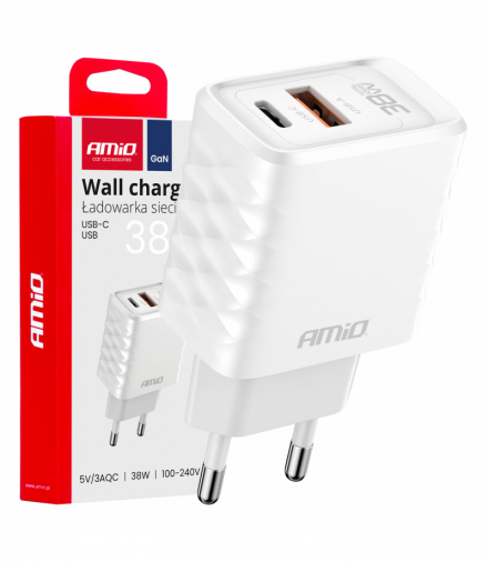 Ładowarka sieciowa Quick Charge GaN 38W USB-A + USB-C AMiO 04287