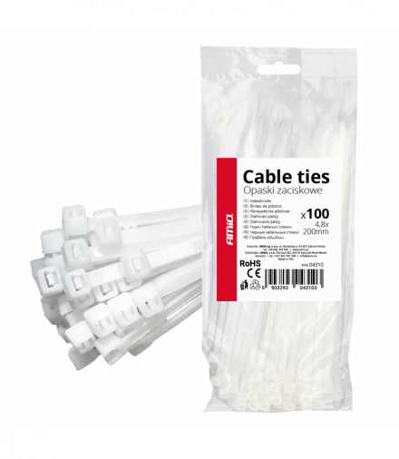 Opaski zaciskowe białe 4.8×200mm 100 szt. AMiO 04310
