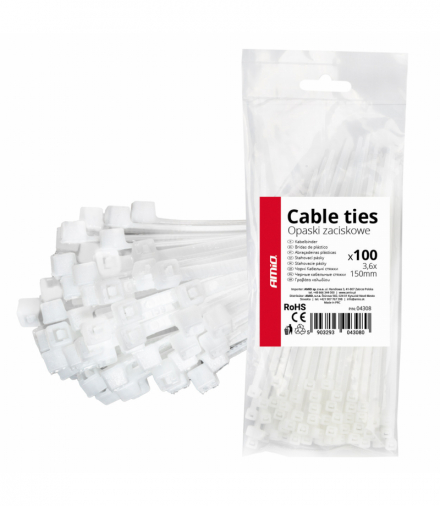 Opaski zaciskowe białe 3.6×150mm 100 szt. AMiO 04308