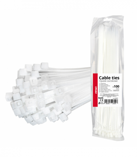 Opaski zaciskowe białe 3.6×300mm 100 szt. AMiO 04309