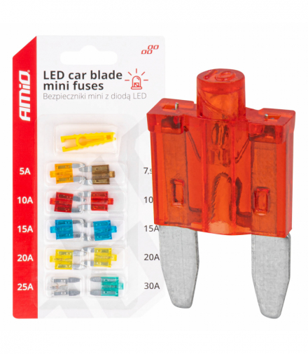 Bezpieczniki samochodowe mini z diodą led 10 szt. AMiO 04340