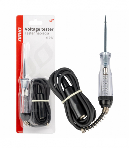 Samochodowy tester napięcia z zaciskiem krokodyl 6-24V AMiO 04273