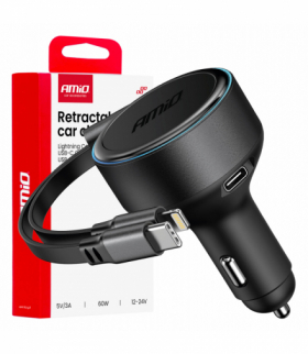Ładowarka samochodowa ze zwijanym kablem typ C + lightning iPhone + USB-C 12V 24V 60W AMiO 04370