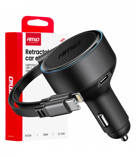 Ładowarka samochodowa ze zwijanym kablem typ C + lightning iPhone + USB-C 12V 24V 60W AMiO 04370