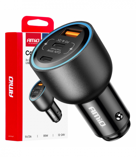 Ładowarka samochodowa 2x USB-C + USB-A 12V 24V 95W AMiO 04372