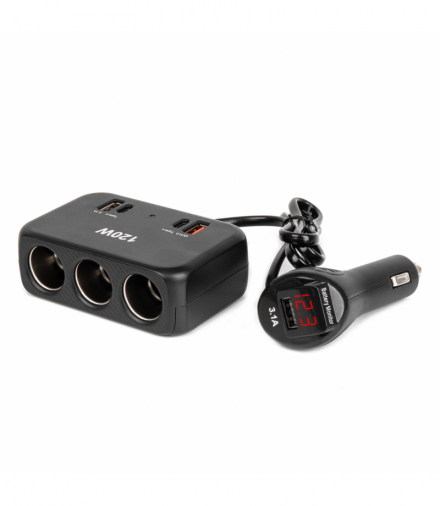 Rozdzielacz gniazda zapalniczki z ładowarką 2x USB-A 1x USB-C QC4.0 12V 24V 120W 80cm AMiO 04366