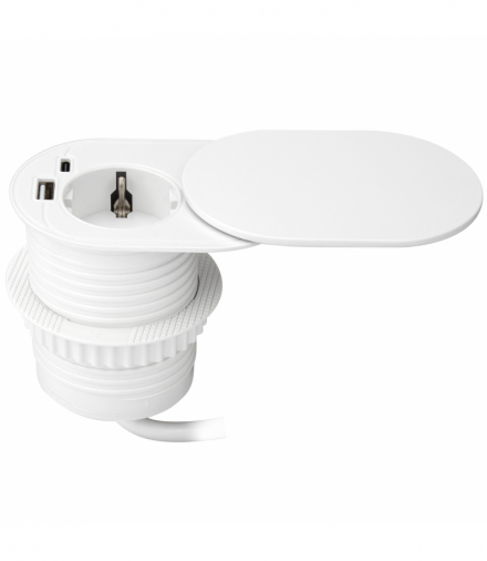Gniazdo meblowe Ø6cm, wpuszczane w blat z przesuwną pokrywką, ładowarką USB i przewodem 1,9m, 1x2P+Z (Schuko), 2xUSB (typ A+C PD20W), białe Orno OR-GM-9042(GS)/W