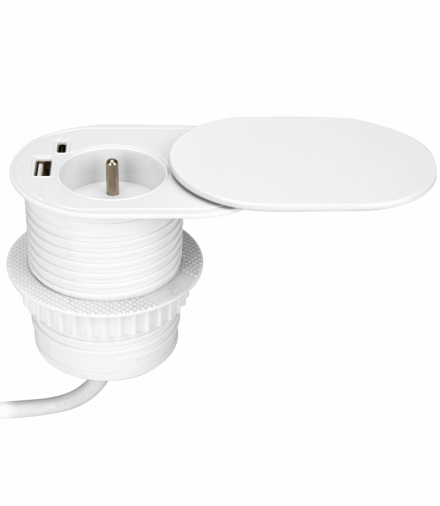 Gniazdo meblowe Ø6cm, wpuszczane w blat z przesuwną pokrywką, ładowarką USB i przewodem 1,9m, 1x2P+Z (French), 2xUSB (typ A+C PD20W), białe Orno OR-GM-9042/W