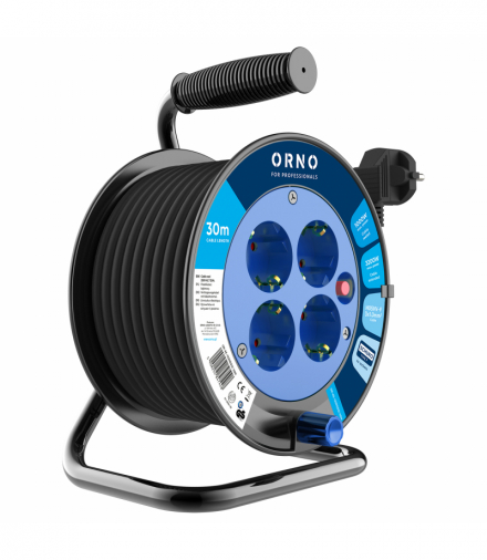 Przedłużacz bębnowy, 4 gniazda 2P+Z, kabel PVC H05VV-F 3x1,0mm2, długość 30m, termik, przesłony torów prądowych, schuko Orno OR-AE-13300(GS)/30M