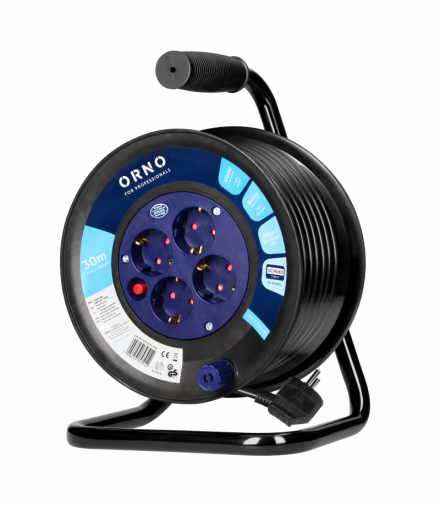 Przedłużacz bębnowy, 4 gniazda 2P+Z (schuko), kabel PVC H05VV-F 3x1.5mm2, długość - 30m, termik, przesłony torów prądowych Orno OR-AE-13301(GS)/30M