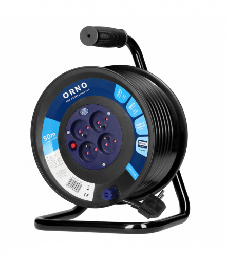 Przedłużacz bębnowy, 4 gniazda 2P+Z, kabel PVC H05VV-F 3x1.5mm2, 50m, termik, przesłony torów prądowych Orno OR-AE-13301/50M