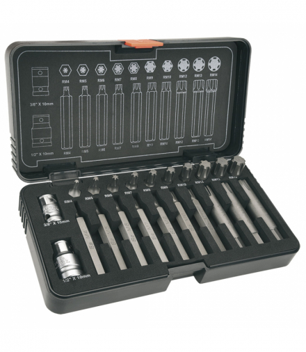 Końcówki wkrętakowe, zestaw 22 szt., 2 szt. adapteru do końcówek wkrętakowych: 3/8" x 10 mm, 1/2" x 10 mm, 10 szt. końcowek wkrętakowych 30 mm, stal S2, walizka z tworzywa GTX NEO TOOLS 08-703