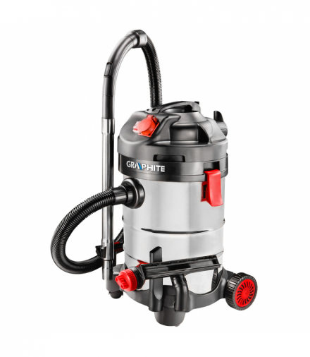 Odkurzacz warsztatowy 1500W, zbiornik 30 l., moc ssąca 18 kPa, moc odbiornika 2000W, IPx4, zbiornik INOX, przewód 4 m, wąż ssący, 4 kółka jezdne, rura teleskopowa, papierowy worek na pył, membrana piankowa, filtr harmonijkowy, GTX GRAPHITE 59G607
