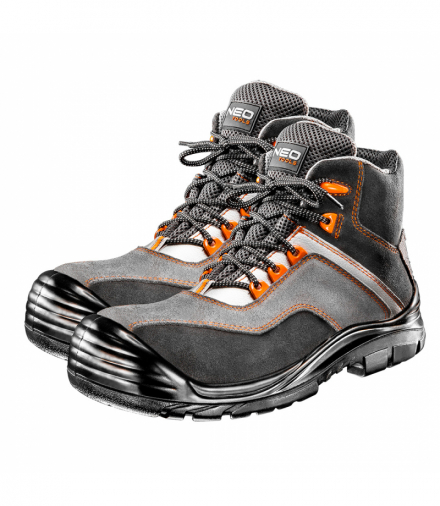 Trzewiki robocze, zamszowe, wodoodporne, bez metalu, antypoślizgowe, antywstrząsowe, odporna na ścieranie, oleje, benzynę i rozpuszczalniki, podnosek kompozytowy do 200J, antyprzebiciowe, antyelektrostatyczne, S3 SRC, CE GTX NEO TOOLS 82-062