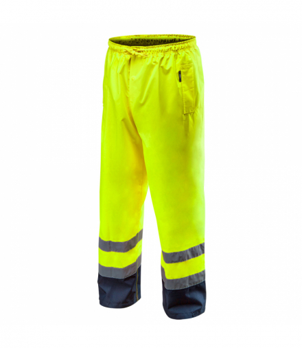 Spodnie robocze ostrzegawcze wodoodporne, żółte, rozmiar XL, o intensywnej widzialności, klasa 1, tkanina Oxford 300D, kieszenie przelotowe, guma w pasie, klejone szwy, wodo i wiatrochronne, CE, EN ISO 13688:2013 GTX NEO TOOLS 81-770-XL