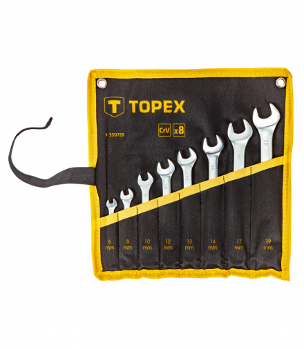 Klucze płasko-oczkowe 6-19 mm, zestaw 8 szt., stal CrV, rozmiary: 6, 8, 10, 12, 13, 14, 17, 19 mm GTX TOPEX 35D759