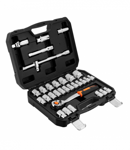 Klucze nasadowe 32 szt., 1/2" stal CrV, sześciokątne 1/2", 19 szt., dwunastokątne 1/2" 6 szt., grzechotka 1/2", przedłużki 1/2" 2 szt.: 125mm i 250mm, przegub 1/2", redukcja 1/2", nasadki do świec 1/2" 2 szt., 25 lat gwarancji. GTX NEO TOOLS 10-038