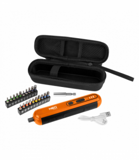 Wkrętak akumulatorowy 4V, Li-Ion, USB-C, 1500mAh, czas pracy 55 min, start/stop, blokada, LED, końcówki wkręcające 25 mm - 20 szt. (SL3, SL4, SL5, SL6, PZ1, PZ2, PZ3, T10, T15, T20, T25, T30, PH1, PH2, PH3, H2, H3, H4, H5, H6), GTX NEO TOOLS 04-199