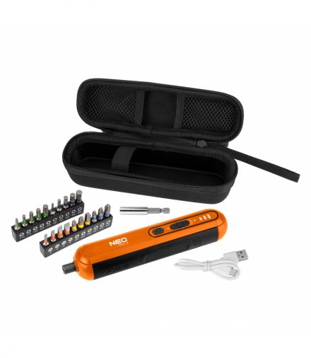 Wkrętak akumulatorowy 4V, Li-Ion, USB-C, 1500mAh, czas pracy 55 min, start/stop, blokada, LED, końcówki wkręcające 25 mm - 20 szt. (SL3, SL4, SL5, SL6, PZ1, PZ2, PZ3, T10, T15, T20, T25, T30, PH1, PH2, PH3, H2, H3, H4, H5, H6), GTX NEO TOOLS 04-199