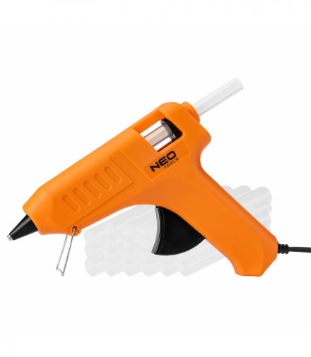 Pistolet klejowy średnica wkładów 11 mm, 40W, 230V, wydajność 8-12 g/min, certyfikat CE, podpórka, 24 sztuki wkładów, kolor transparentny, długość przewodu 0.75m, czas nagrzewania 5min, materiał korpusu plastik GTX NEO TOOLS 17-102