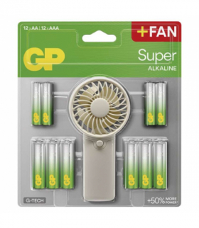 Zestaw baterii alkalicznych GP 12xAA + 12xAAA + gratis Wentylator przenośny w blistrze, bateria alkaliczna LR6 + LR03 SUPER BL GP B0161M