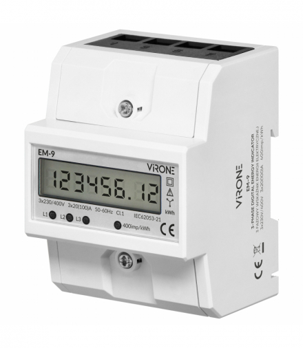 Trójfazowy miernik energii Virone EM‑9, cyfrowy, 100 A, LCD 6+2, 3×230/400 V, S0 wyjście