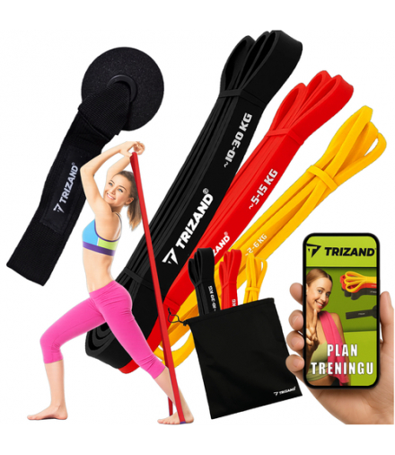 Gumy do ćwiczeń oporowe fitness, zestaw: 3 taśmy + zaczep + plan treningowy Trizand 25879 18245