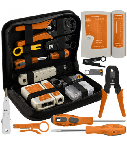 Tester kabli RJ45 RJ11, zestaw narzędzi sieciowych, ściągacz zaciskarka, gotowy do pracy komplet XXL, Bigstren 25835 18249