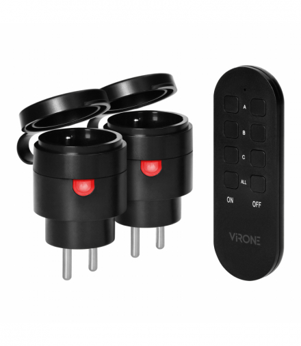 Zestaw bezprzewodowych gniazd MINI Schuko, sterowanych pilotem 2+1, 2300W, IP44 Orno RS-7(GS)