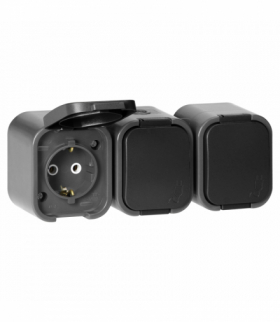 Gniazdo natynkowe potrójne Schuko Orno OR‑OE‑7809(GS)/GB, 3×2P+Z, IP54, bryzgoszczelne, B2, szaro-czarne