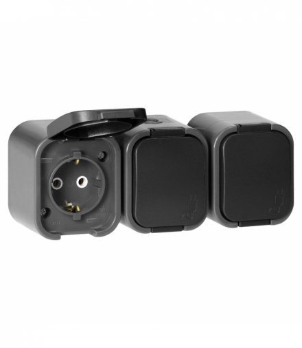 Gniazdo natynkowe potrójne Schuko Orno OR‑OE‑7809(GS)/GB, 3×2P+Z, IP54, bryzgoszczelne, B2, szaro-czarne