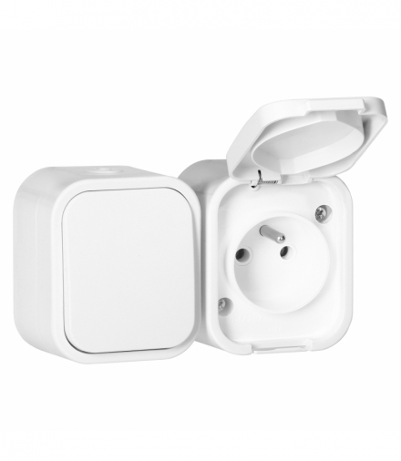 Łącznik natynkowy jednopólowy + gniazdo Orno OR‑OE‑7807/W, 1×2P+Z, IP54, bryzgoszczelne, B2, biały