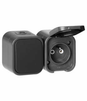 Łącznik natynkowy jednobiegunowy + gniazdo Orno OR‑OE‑7807/GB, 1×2P+Z, IP54, bryzgoszczelne, B2, szaro‑czarne