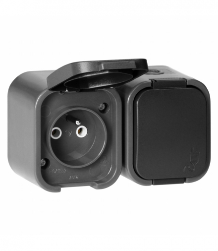 Gniazdo natynkowe podwójne 2×2P+Z Orno OR‑OE‑7806/GB, IP54, bryzgoszczelne, B2, szaro‑czarne