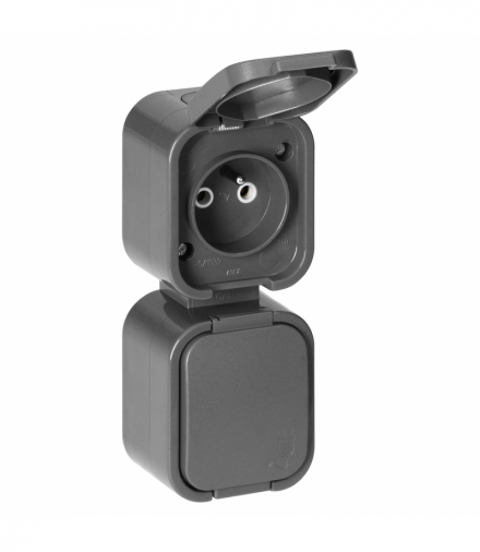 Gniazdo natynkowe podwójne pionowe 2×2P+Z Orno OR‑OE‑7806/V/G, IP54, bryzgoszczelne, B2, szary