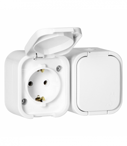 Gniazdo natynkowe podwójne Schuko 2P+Z Orno OR‑OE‑7806(GS)/W, IP54, bryzgoszczelne, B2, biały