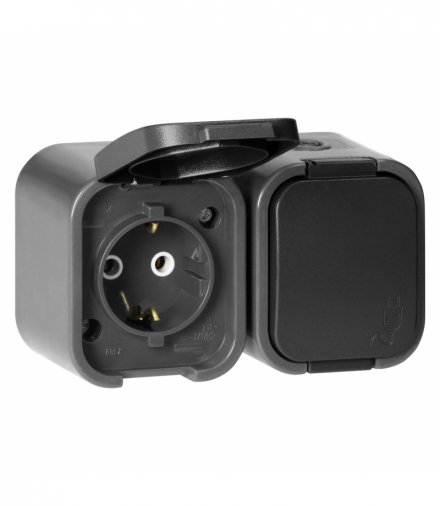 Gniazdo natynkowe podwójne Schuko 2P+Z Orno OR‑OE‑7806(GS)/GB, IP54, bryzgoszczelne, B2, szaro‑czarne