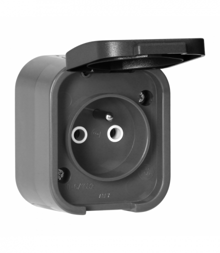 Gniazdo natynkowe pojedyncze 2P+Z Orno OR‑OE‑7805/GB, IP54, bryzgoszczelne, B2, szaro‑czarne