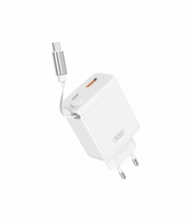 XO ładowarka sieciowa CE31 1x USB 1x USB-C 30W biała z kablem USB-C zwijanym TFO GSM188743