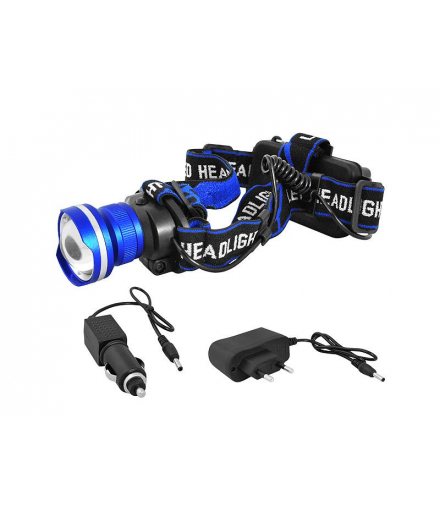 Latarka czołowa T6, Zoom, aluminiowa, zestaw ładowarki sieciowej i samochodowej, czarno-niebieska LTC LL46 LXLL46