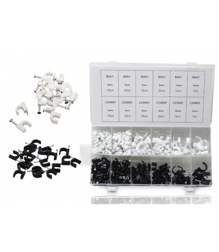 UCHWYTY KABLOWE FLOP ZESTAW 4,5,6,8,10,12mm BIAŁE/CZARNE 390szt BOX LAMEX LXZE04