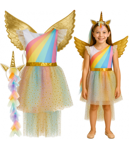 Strój Jednorożec dla dzieci, kostium przebranie na bal, magiczny zestaw z sukienką, opaską i skrzydłami 130-140cm Kruzzel 26677 18388