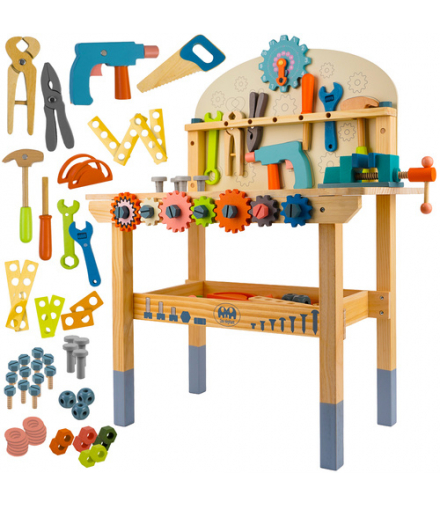 Stół warsztatowy z narzędziami, warsztat dla dzieci z drewnianymi narzędziami 3w1, dla małego majsterkowicza Kruzzel 26546 18378