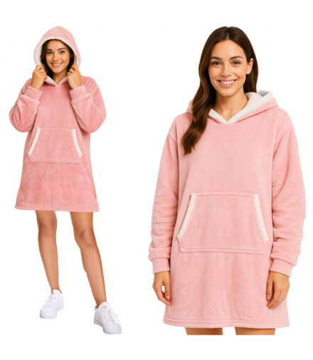 Koc bluza z kapturem oversize, długa, duża, ciepła i gruba kocobluza, futrzak XXL, koc różowy Ruhhy 26144 18386