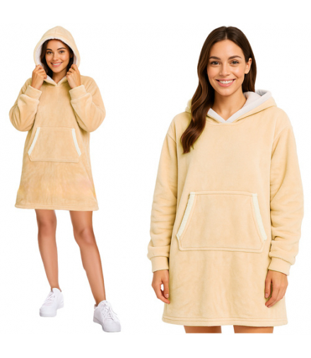 Koc bluza z kapturem oversize, długa, duża, ciepła i gruba kocobluza, futrzak XXL, koc beżowy Ruhhy 26146 18384