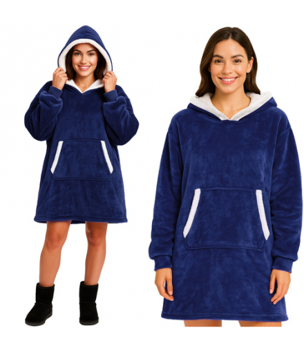 Koc bluza z kapturem oversize, długa, duża, ciepła i gruba kocobluza, futrzak XXL, koc granatowy Ruhhy 26147 18383