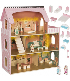 Domek dla lalek drewniany duży, oświetlenie LED + mebelki i akcesoria, 3 poziomy, Kruzzel 26364 18406