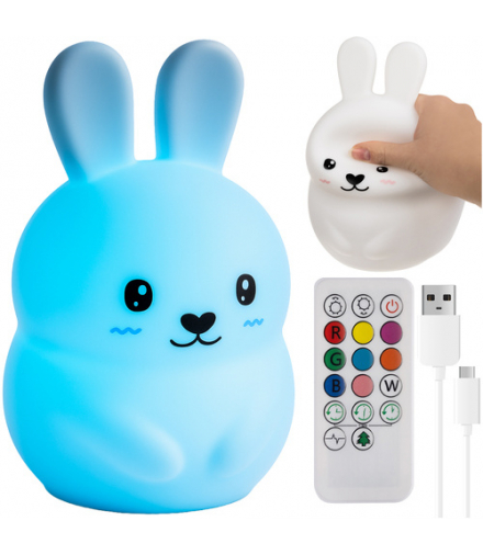 Lampka nocna dla dzieci, Królik LED RGB, silikonowa, na prezent, na USB + Pilot, interaktywna zabawka świetlna, zmiana kolorów i timer Izoxis 26204 18398