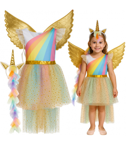 Strój Jednorożec dla dzieci, kostium przebranie na bal, magiczny zestaw z sukienką, opaską i skrzydłami 122-128cm Kruzzel 26675 18389